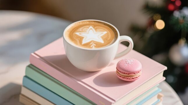 Coffee and macaron break. A cup of coffee with star latte art and a pink macaron sit on a stack of pastel books, creating a cozy and relaxing scene with a festive background.