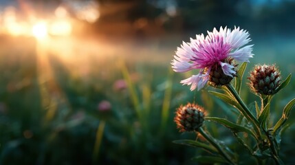 A beautiful pink flower stands tall in a field as the sun rises, casting a gentle, warm light, creating a scene filled with tranquility and freshness in nature's embrace.