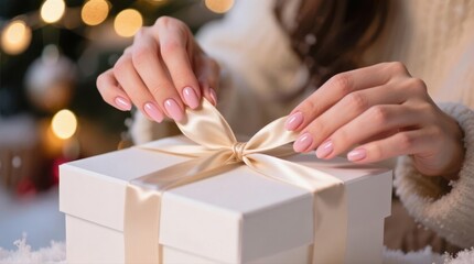 Tying a festive gift. Close up of a woman's hands with a pink manicure tying a satin ribbon on a white present.