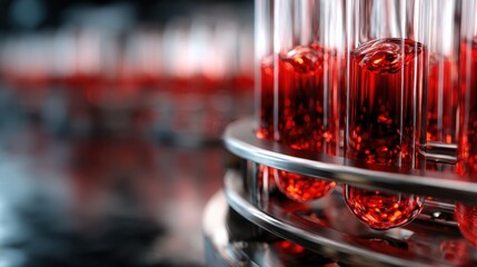 This dynamic image shows scientific test tubes containing vibrant red liquid, suggesting experimentation and discovery in a laboratory setting, full of informative potential.