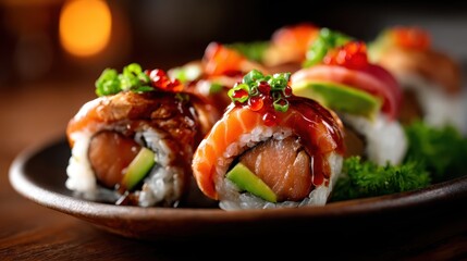 An exquisite platter showcases assorted sushi rolls, featuring fresh ingredients and vibrant colors, representing the art of Japanese cuisine and its culinary elegance.