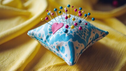 A sewing pin cushion with colorful pins and a pink heart, resting on a yellow fabric.