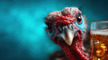 A striking close-up of a turkey curiously gazing into the camera, with a glass of beer beside it, highlighting an intriguing juxtaposition of nature and human culture.