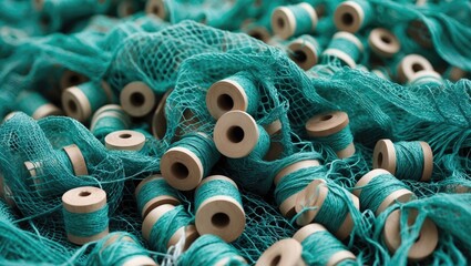 Spools of thread on teal net fabric, with many spools in the background. Sewing, textiles, and craft concept. Fabric and thread manufacturing. The concept of tailoring and textile production.