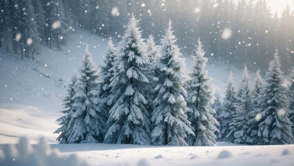 Fototapeta premium Snow-covered pine trees in a winter forest with falling snow and sunlight shining through the trees.