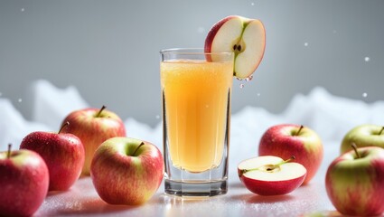Fototapeta premium Fresh apples around a glass of apple juice with slices of apple on top, on a snowy surface.
