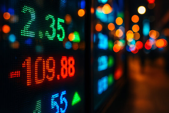 A close-up view of a digital stock market ticker screen displaying green, red, and blue numbers, symbolizing market fluctuations. Blurred city lights in the background