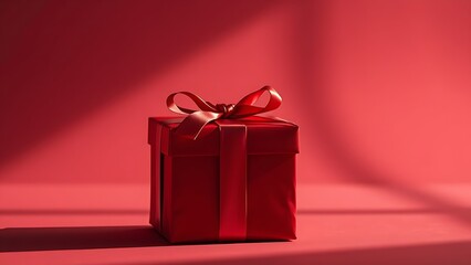 Elegant crimson gift box with satin ribbon, radiating a festive and luxurious atmosphere in minimalist style.