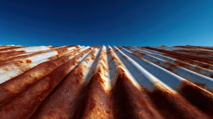 An abstract close-up of a rusty corrugated metal roof captured against a serene blue sky, highlighting texture and patterns that evoke feelings of nostalgia and decay.