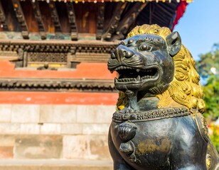 Bronze lion statue at temple