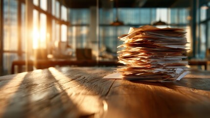 An artistic representation of a messy stack of documents illuminated by the warm glow of sunset, reflecting chaos and the demands of modern work life in an office environment.
