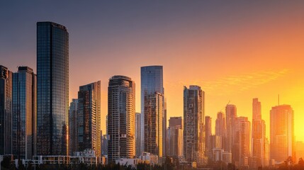 Obraz premium City skyline sunset, urban landscape, golden hour, cityscape, background buildings, real estate