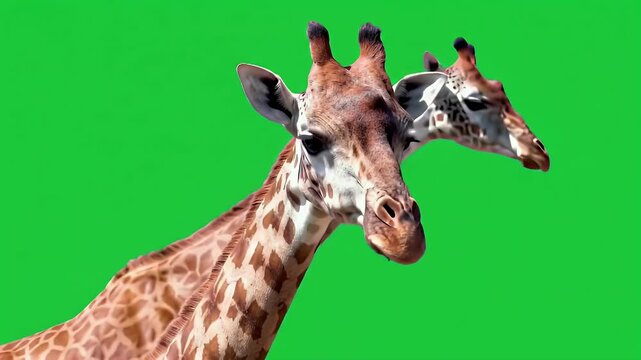 Two-Headed Giraffe with Unique Spotted Pattern Isolated on Bright Green Chroma Key Background