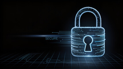 Digital padlock with glowing lines representing cybersecurity and protection