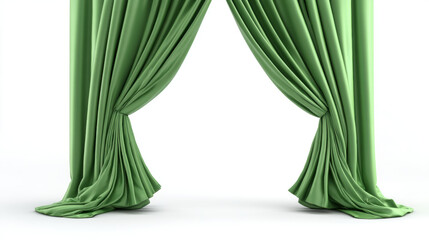 Opening Curtains, A minimalist 3D illustration of green stage curtains being pulled open to reveal a white background. Symbolizing a grand opening. 