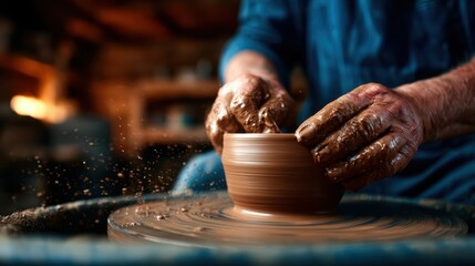 A skilled artisan molds a fresh lump of clay into a beautiful pottery piece, capturing the essence of craftsmanship and creativity in this traditional art form.