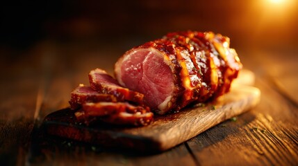 This beautifully presented glazed meat roast showcases succulent slices atop a rustic wooden board, perfect for culinary enthusiasts or restaurant branding.