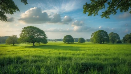 Lush green field with scattered trees on a sunny day, blue sky with clouds, and a peaceful rural landscape.