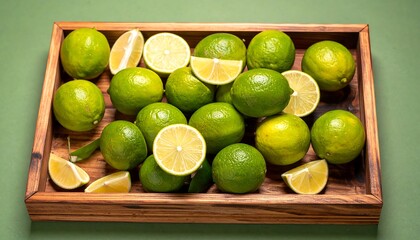 Fresh limes in a wooden tray