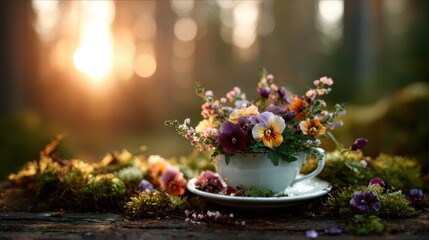 A charming display of vibrant flowers in a vintage teacup set in a serene forest background, capturing the essence of nature's beauty and tranquility during golden hour.