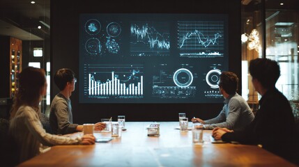 Business Meeting with Data Presentation: Business professionals attentively analyze data visualization projected on a large screen. In a modern conference room setting.