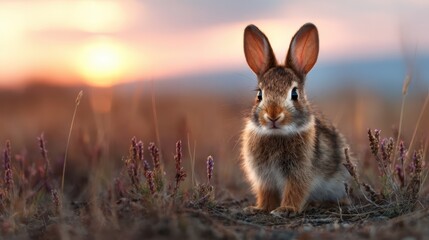 Fototapeta premium A charming rabbit sitting in a tranquil natural landscape, capturing the essence of wildlife in its serene surroundings at dusk, evoking feelings of peace and beauty.