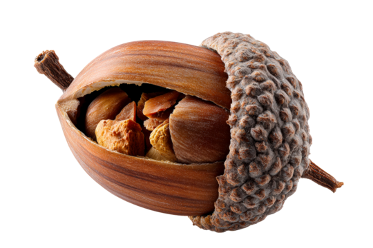 Nut with a hard shell revealing its inner seeds