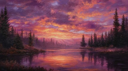 Fototapeta premium Colorful sunset reflected on calm lake amidst dark pine trees, painted scenery