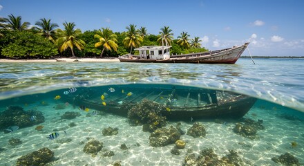 shipwreck sunken ship in the ocean, lagoon and water bodies