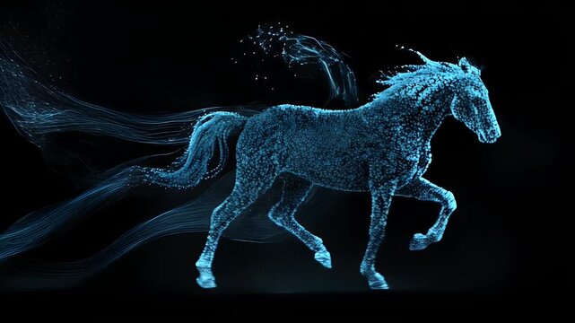Abstract Digital Horse Running with Light Trails on Black Background Dynamic Light Horse Silhouette Representing Movement and Power