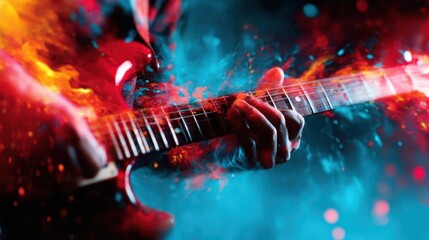 A passionate guitarist plays an electric guitar, creating a vibrant explosion of colors and flames, reflecting the intensity of live music and emotional expression.