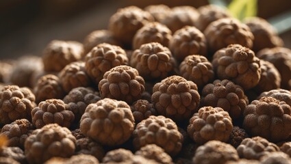 Fototapeta premium Cluster of black truffles, fresh and ripe, showcasing their textured surface and earthy appearance.