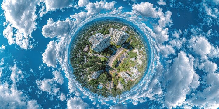 Aerial miniature world, city nestled in clouds