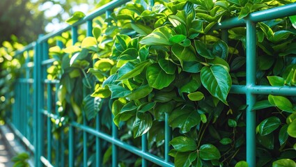 Obraz premium Green leaves growing through a metal fence. Nature, gardening, and outdoor environment. The image of plants and fencing.