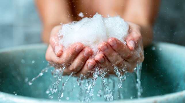 Close-up of hands cradling bubbly soap foam over a basin, showcasing the joy and simplicity of washing hands, promoting cleanliness and self-care in everyday routines. - Powered by Adobe