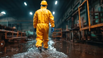 A worker donned in a bright yellow suit strides through a waterlogged industrial space, emphasizing the challenges faced in maintaining safety and cleanliness in a factory environment.