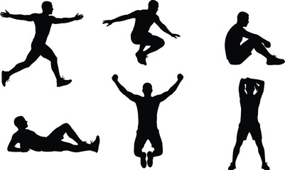 Athletic pose silhouettes, running, jumping, sitting, lying, standing, exercise movement, fitness graphic, black white figure, workout illustration