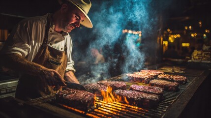 Grilling Culinary Masterpiece: A chef in a professional setting expertly grills an array of premium cuts of meat over an open flame, filling the air with savory aromas. 
