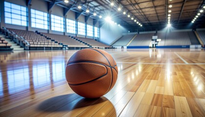 Naklejka premium An orange basketball on a wooden court, ready for a game