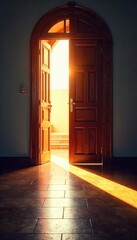 A slightly open door reveals a sunlit church interior, suggesting a welcoming entry into faith The threshold symbolizes a transition and new beginnings , spiritual, mystery, peace