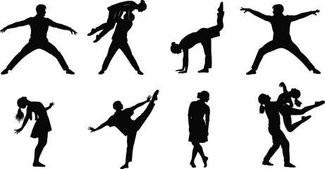 Dance silhouettes, solo and partnered poses, expressive movement, black white graphic, choreography variety, dancer illustration set, elegant motion