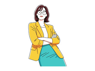 Smart And Stylish Professional: A confident woman with glasses and a yellow blazer poses with a dynamic and modern illustration style, radiating self-assurance and expertise.