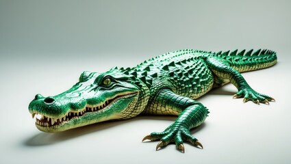 Obraz premium A crocodile with detailed scales lying on a plain surface.