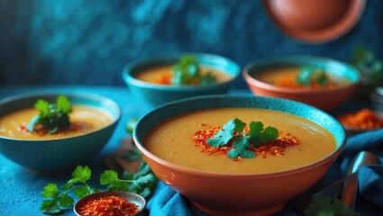 Colorful bowls of traditional Indian dal served with garnishes, cilantro, and spices. Cultural cuisine, food, and spices. The concept of flavorful vegetarian dishes.