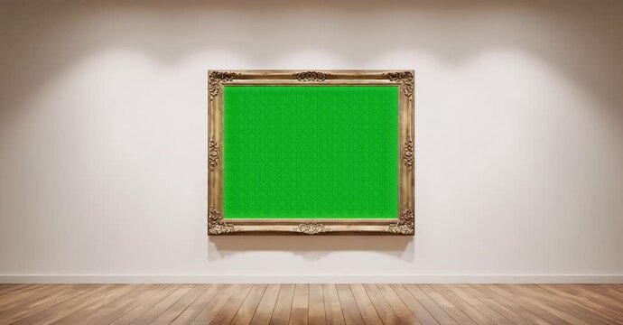 A picture frame with a green screen hangs on a wall in an art gallery.