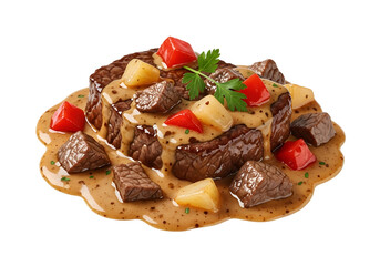 Premium Beef Steak with Vegetables and rich gravy served on a black background