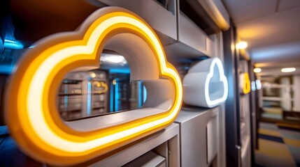 Obraz premium Modern server room with glowing cloud icon
