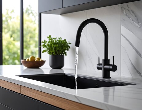 Modern kitchen sink featuring a black faucet, marble countertop, and natural light ambiance