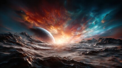 Fototapeta premium A breathtaking cosmic scene showcasing a vibrant explosion of colors and a majestic planet, set against a backdrop of swirling clouds and ethereal light in space.