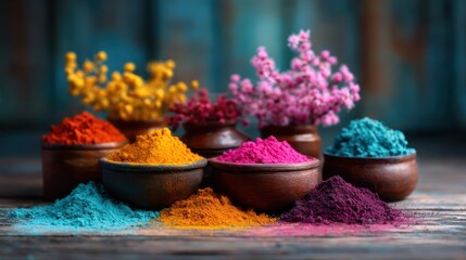 A vibrant collection of spices and flowers in bowls, showcasing a beautiful mix of colors and textures that highlight the essence of culinary art and nature's beauty.